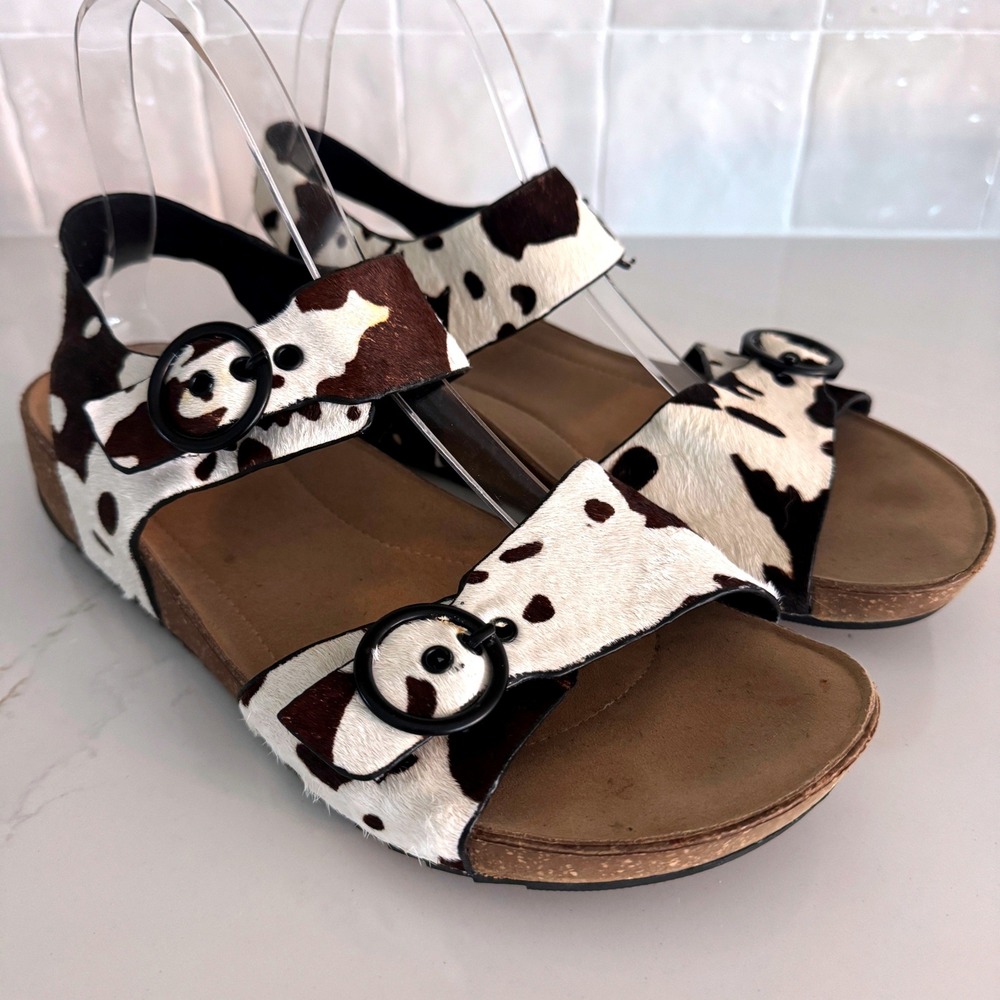 Hotter Tourist Sandal Women 9.5 Cow Print Calf Hair Brown White Buckle Comfort